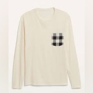 Old Navy Cream Long Sleeve Mens Tee with Checkered Pocket